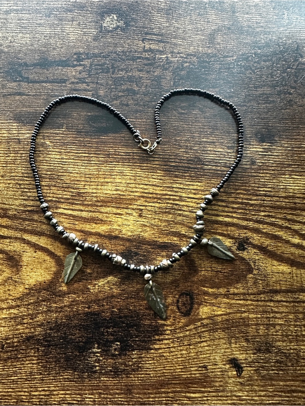 Antique Silver Leaf Bead Choker Necklace
